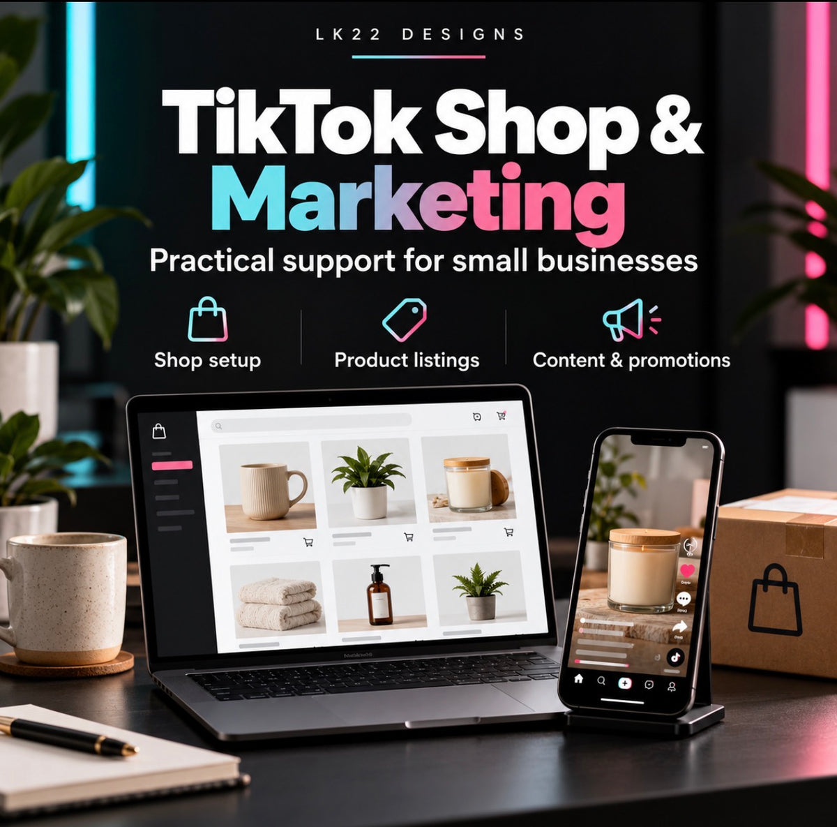 LK22 Designs TikTok Shop and marketing services graphic with a laptop and smartphone