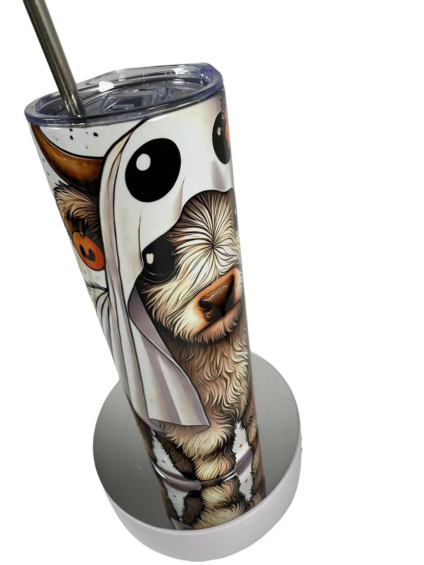 Highland Cow Halloween Tumbler – 20oz Stainless Steel Insulated Cup with Straw & Cleaner.