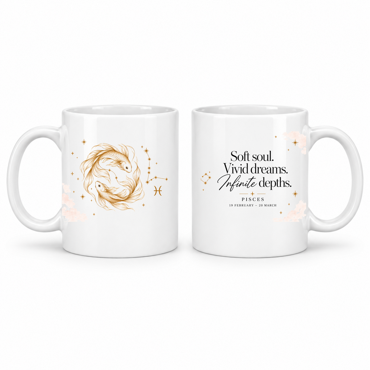 Pisces zodiac star sign mug – gold celestial design by LK22 Designs