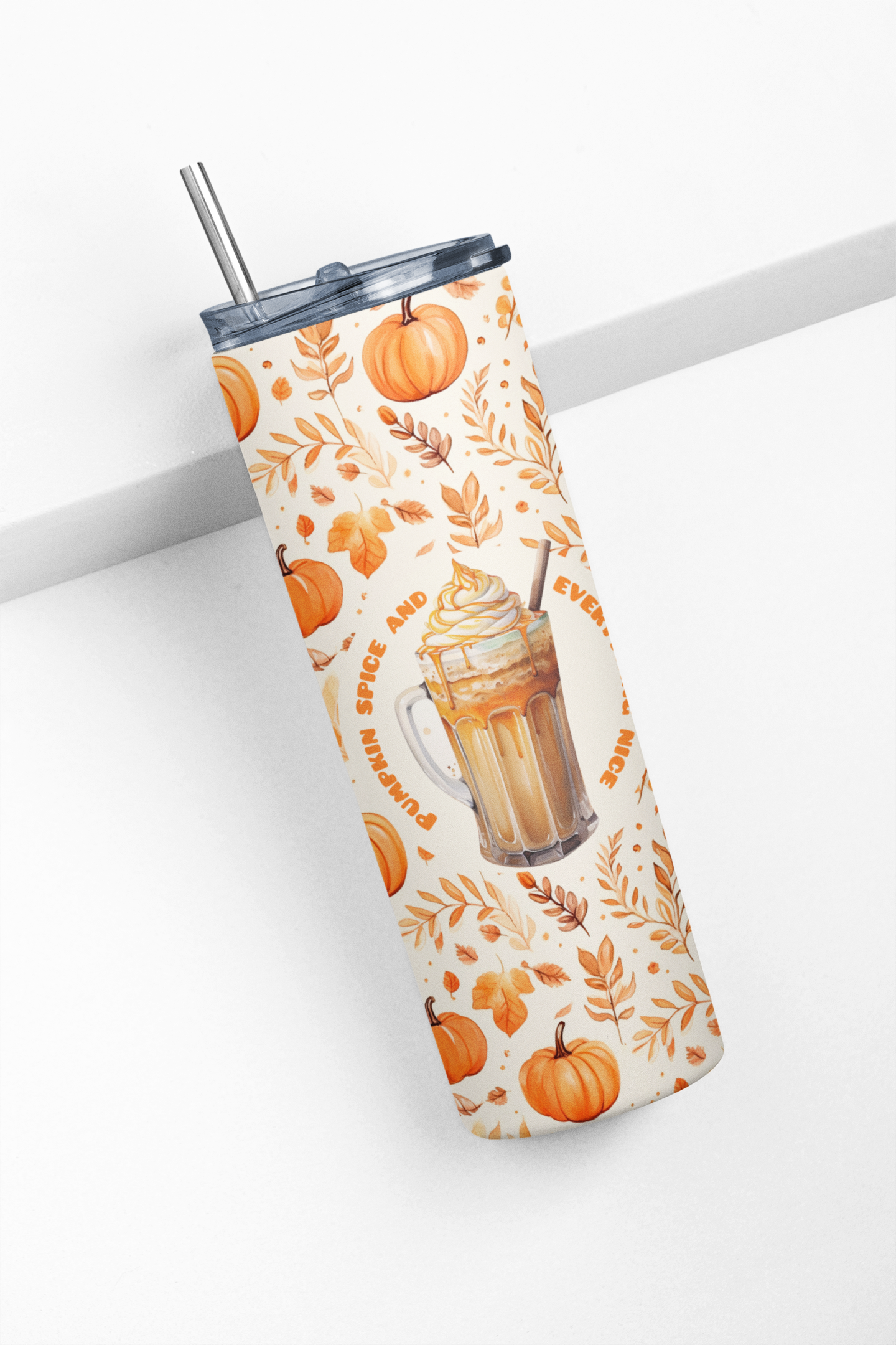 Pumpkin Spice and all things nice Tumbler Water Bottle 20 oz 600ml Fall Design with Metal Straw & Straw Cleaner Autumn Leaves Pattern