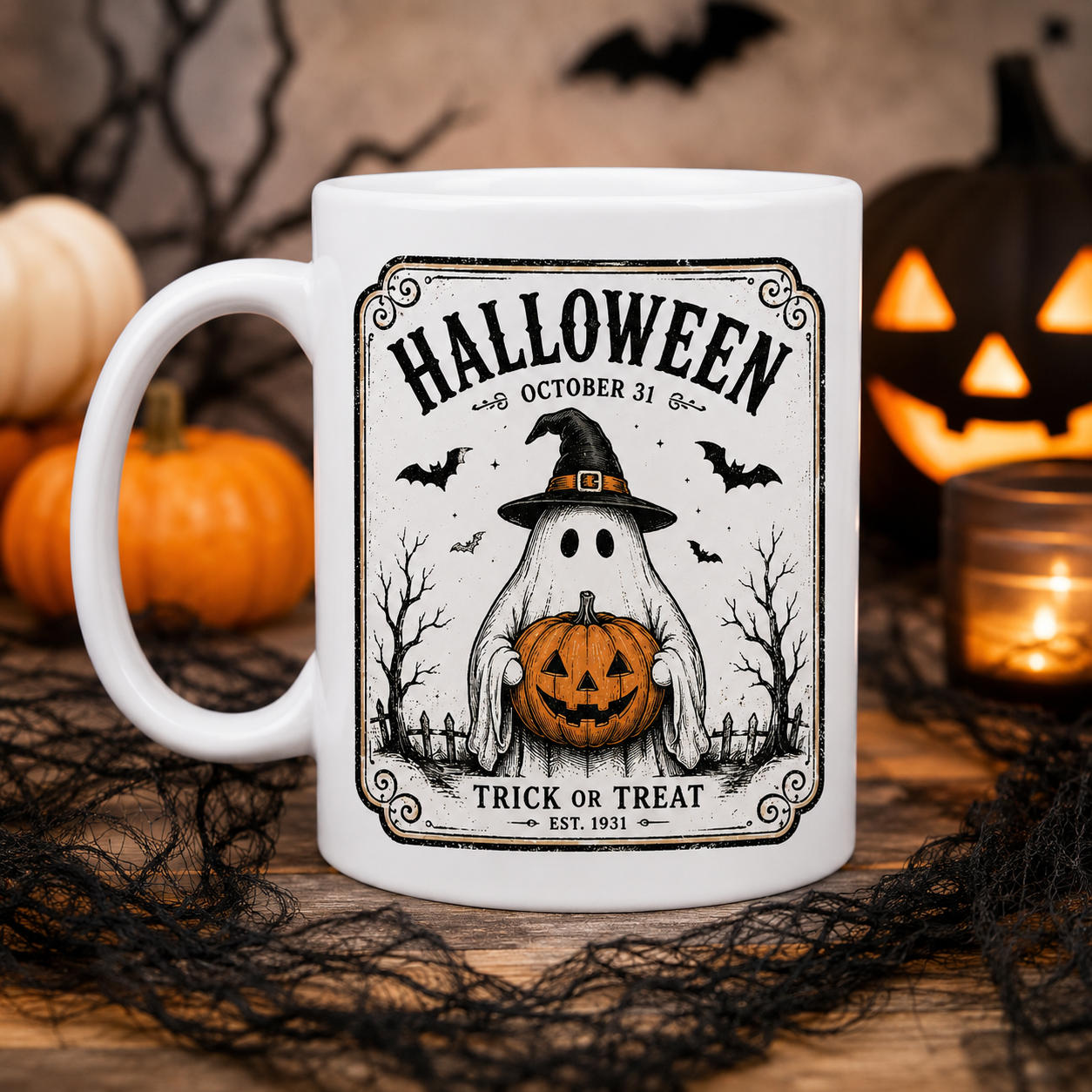 Day 1 of 177 – Vintage Halloween Ghost Mug | 11oz Ceramic Coffee Mug