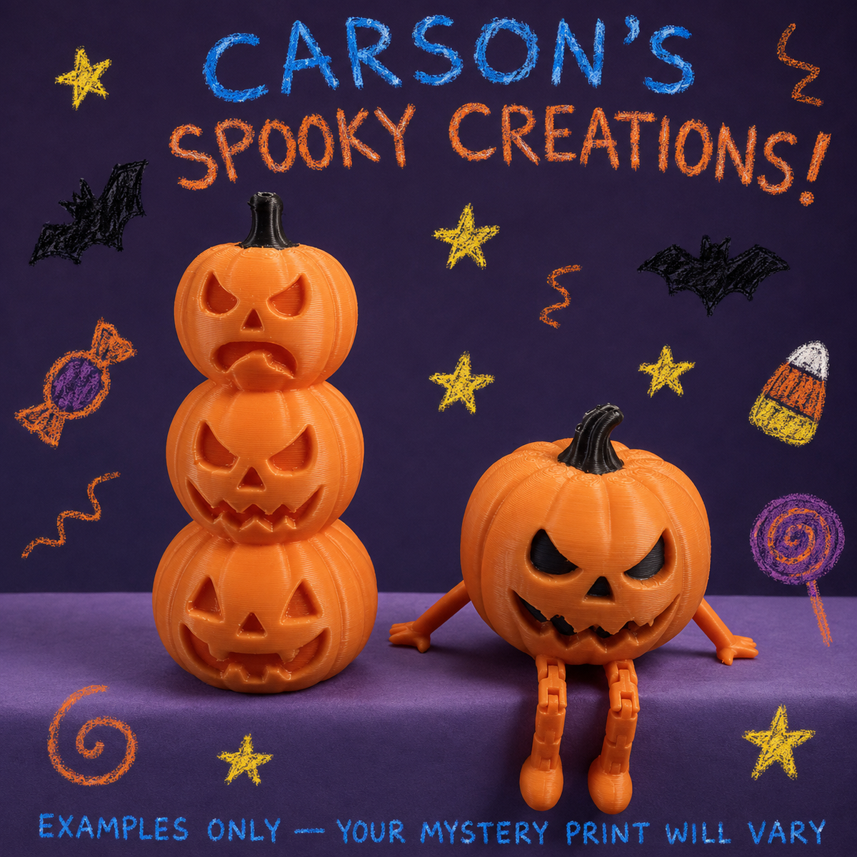 Two orange jack-o'-lantern Halloween decorations displayed on a purple surface against a dark purple background with chalk-style drawings and the text 'CARSON'S SPOOKY CREATIONS!'. One pumpkin is stacked three tiers high with a sad face, and the other sits with arms and legs out, showing a carved face.
