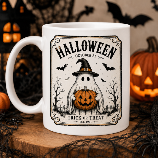 Day 1 of 177 – Vintage Halloween Ghost Mug | 11oz Ceramic Coffee Mug