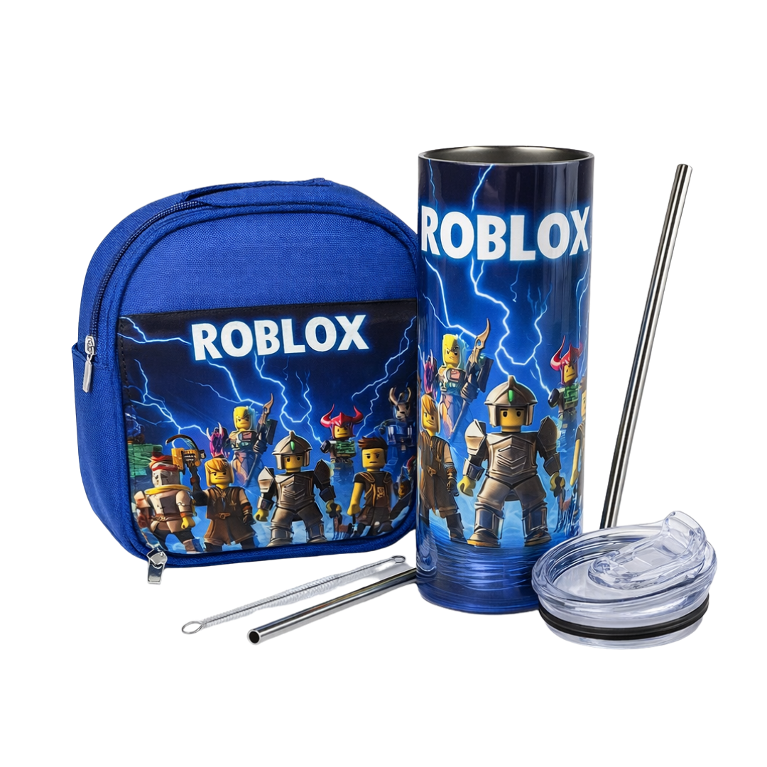 Roblox-themed tumbler with characters, backpack, and straws on a white background