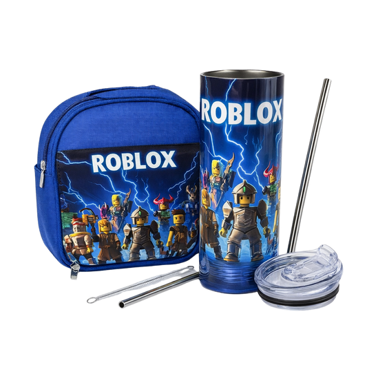 Roblox-themed tumbler with characters, backpack, and straws on a white background