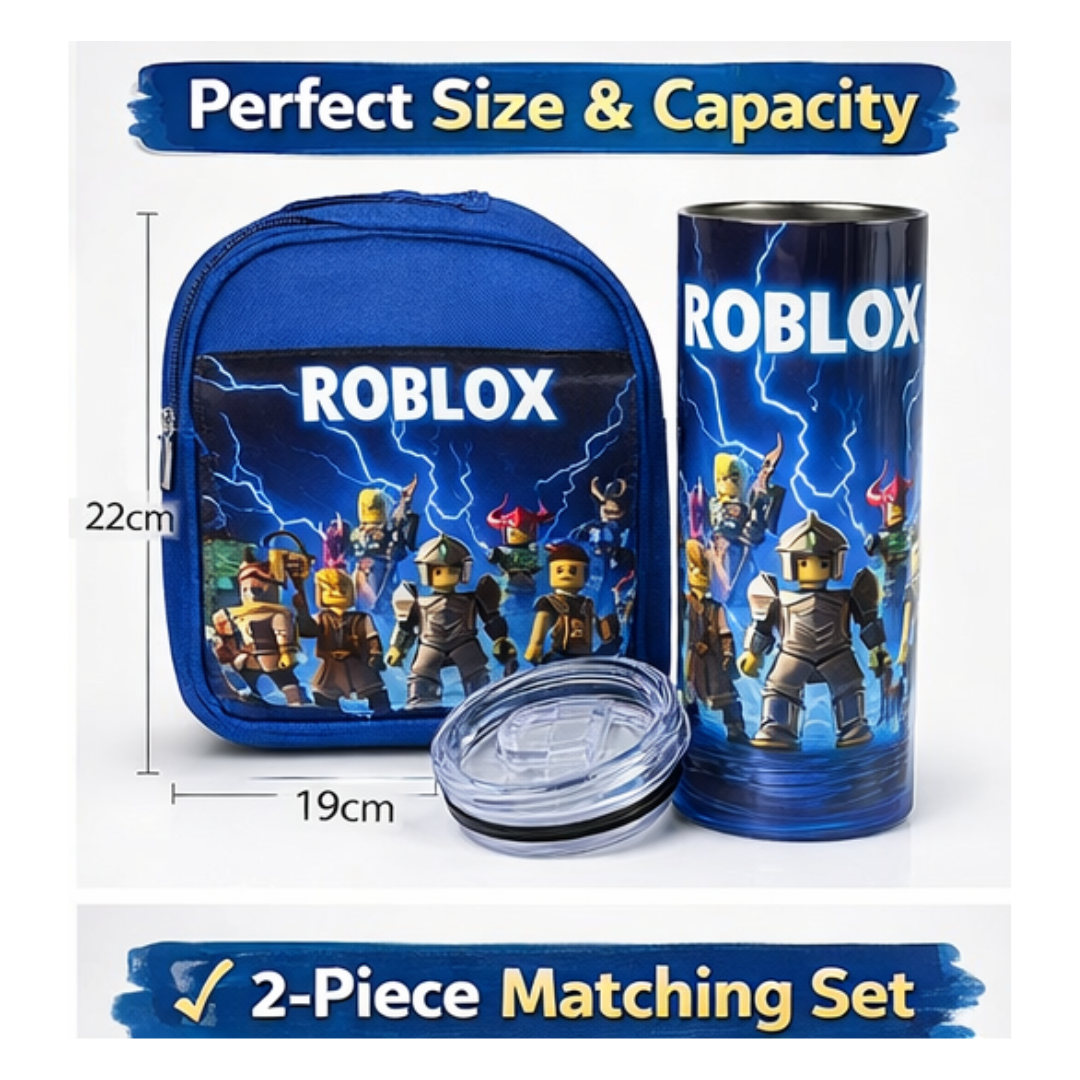 Roblox-themed tumbler and backpack set with character illustrations on a white background