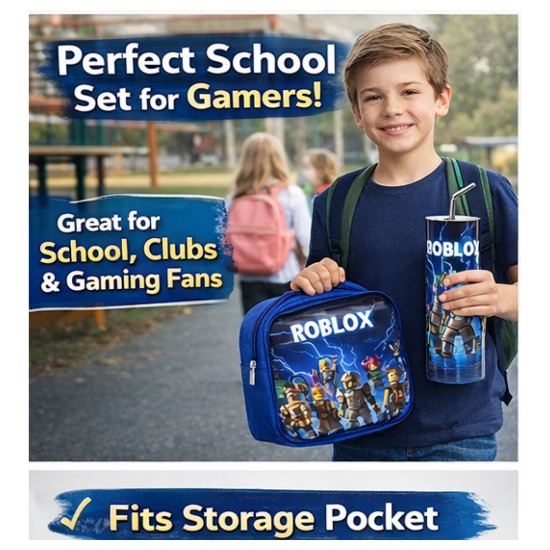 Child holding a Roblox lunch bag and drink container with promotional text about school set for gamers.