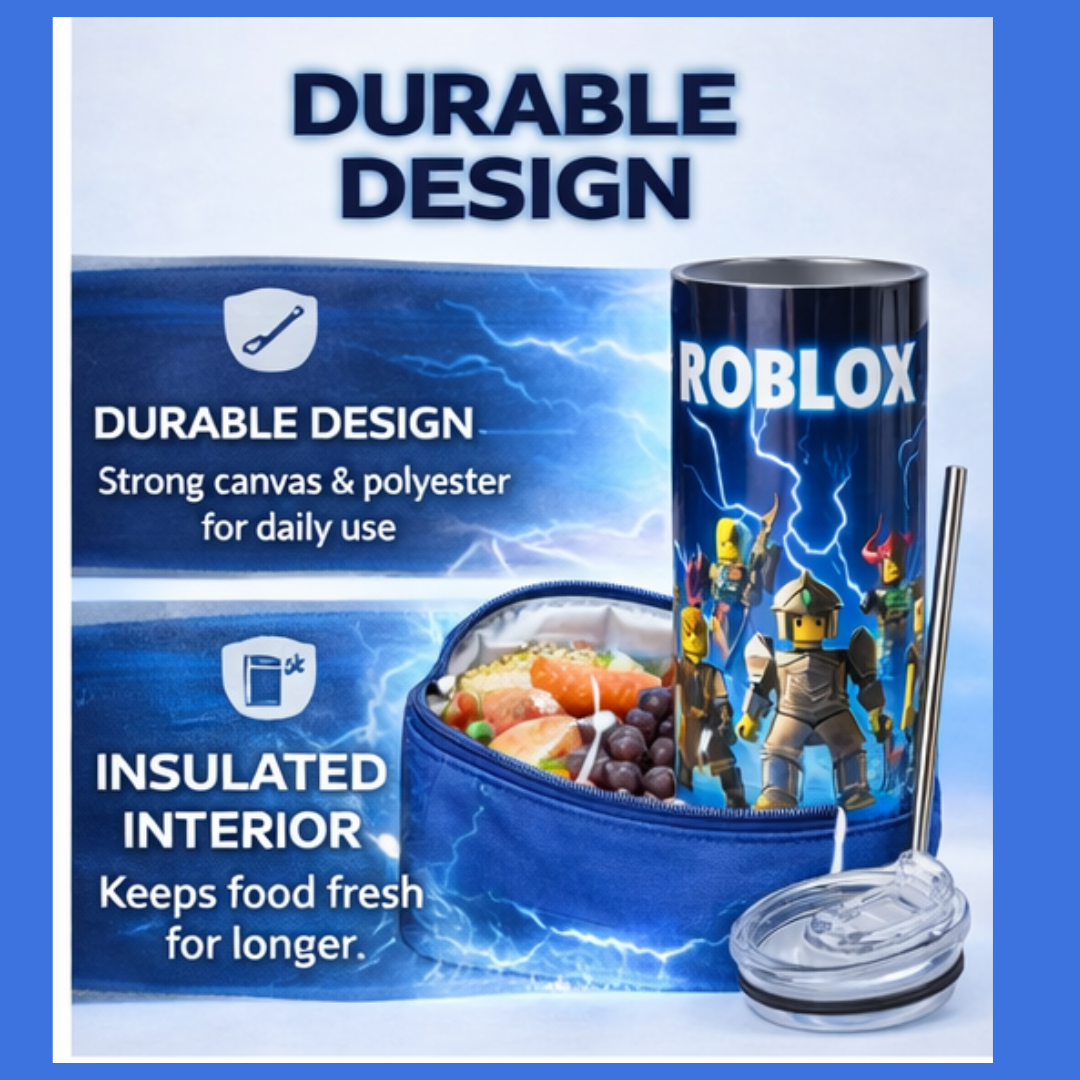  insulated lunch bag with Roblox design on a blue background