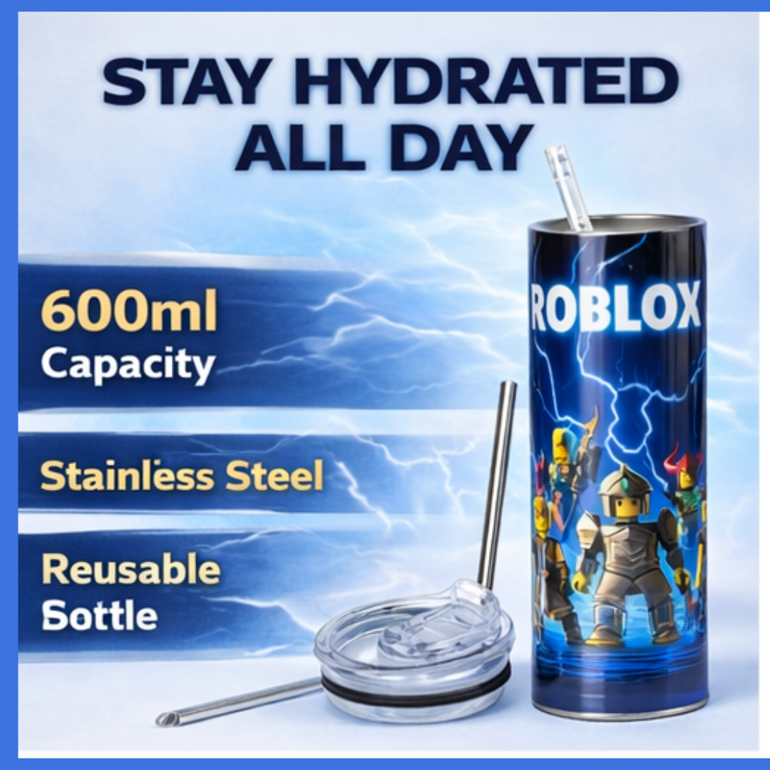 Roblox-themed tumbler with characters on a blue background with lightning effects, text 'Stay Hydrated All Day' and product details.