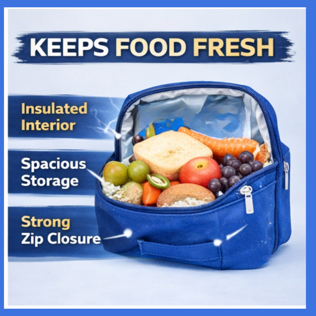 Blue insulated lunch bag with food items on a light blue background, featuring text highlighting features.
