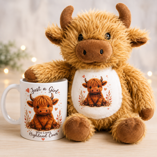 Highland Cow Plush & Mug Gift Set Matching Highland Cow Teddy & Mug Gift for Highland Cow Lovers LK22 Designs