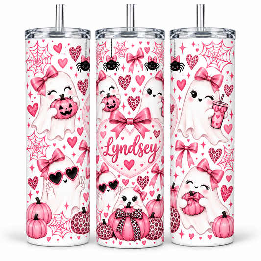 Pink Halloween ghost tumbler personalised with the name Lyndsey, shown from three sides