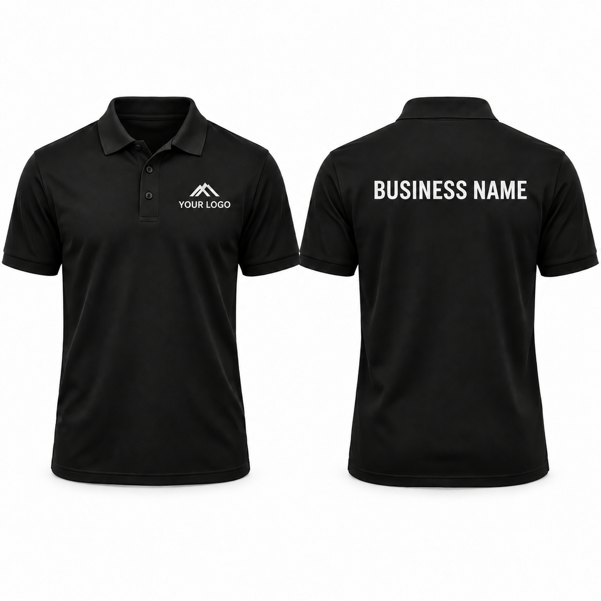 Black personalised workwear polo shirt showing front chest and back print examples