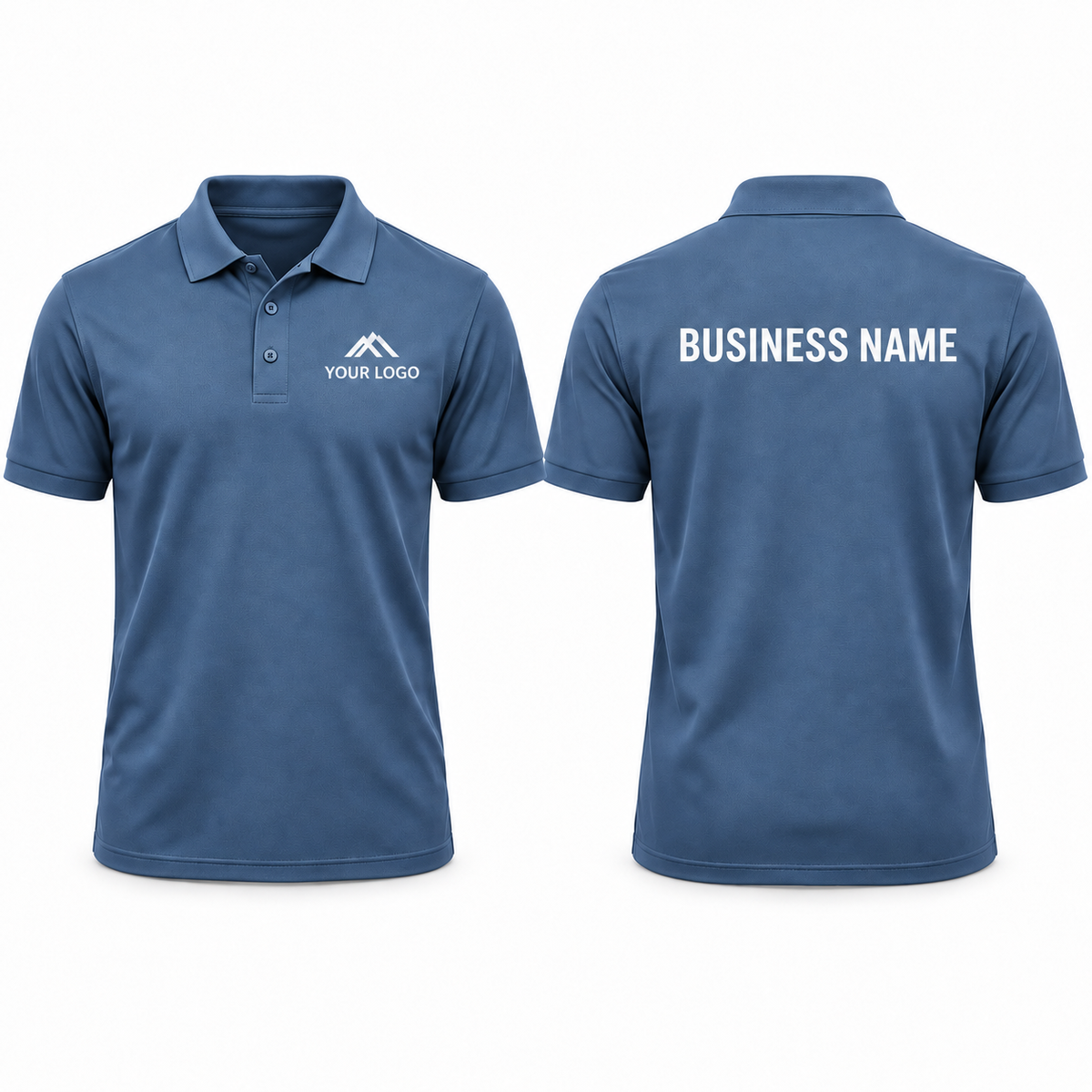 Blue Steel personalised workwear polo shirt showing front chest and back print examples