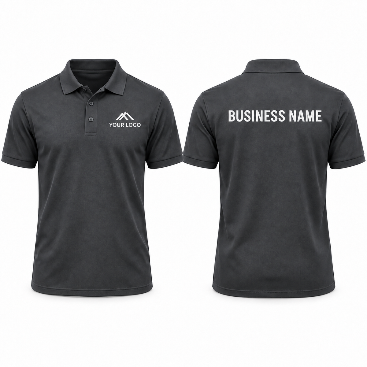 Charcoal personalised workwear polo shirt showing front chest and back print examples