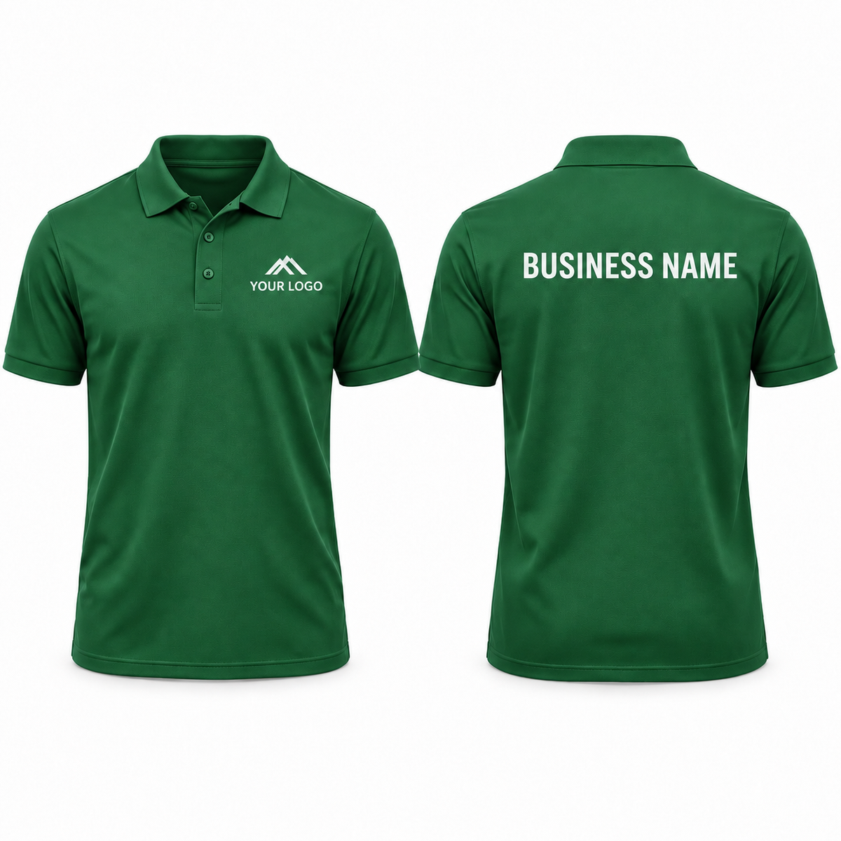 Fern personalised workwear polo shirt showing front chest and back print examples