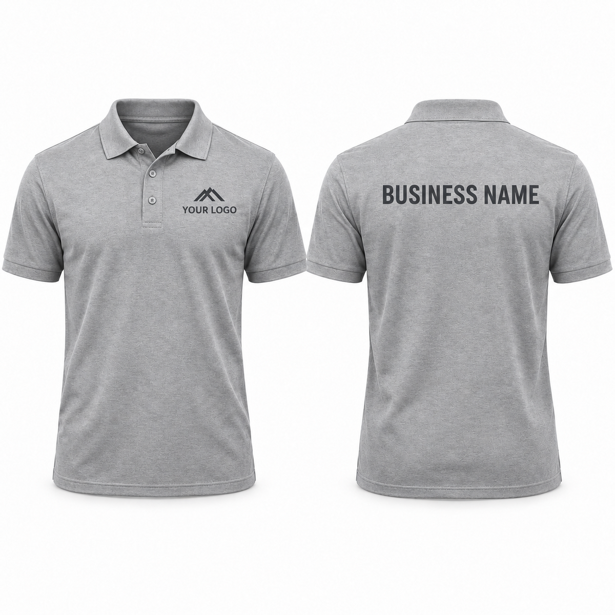 Heather Grey personalised workwear polo shirt showing front chest and back print examples