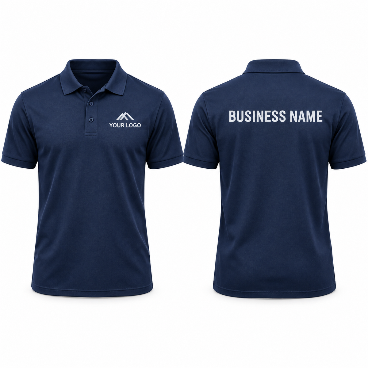 Navy personalised workwear polo shirt showing front chest and back print examples