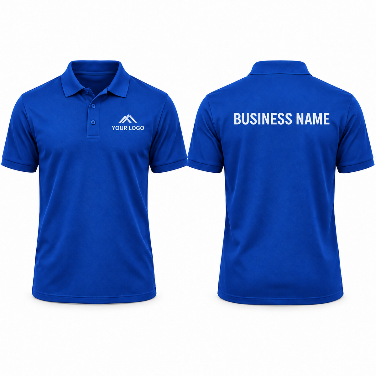 Royal personalised workwear polo shirt showing front chest and back print examples