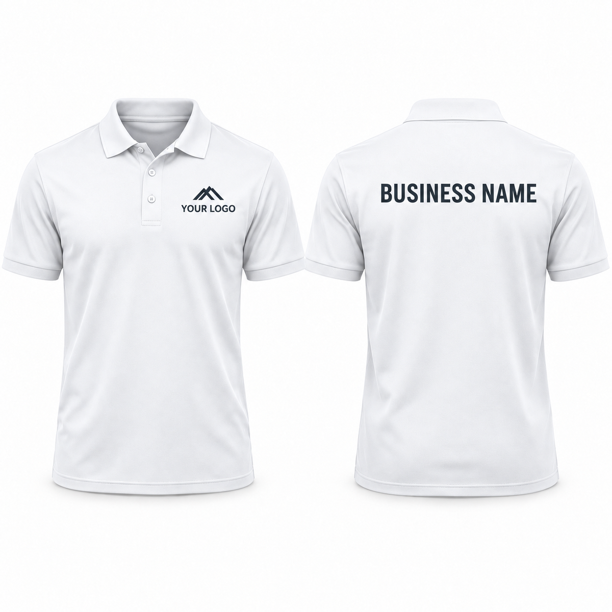 White personalised workwear polo shirt showing front chest and back print examples