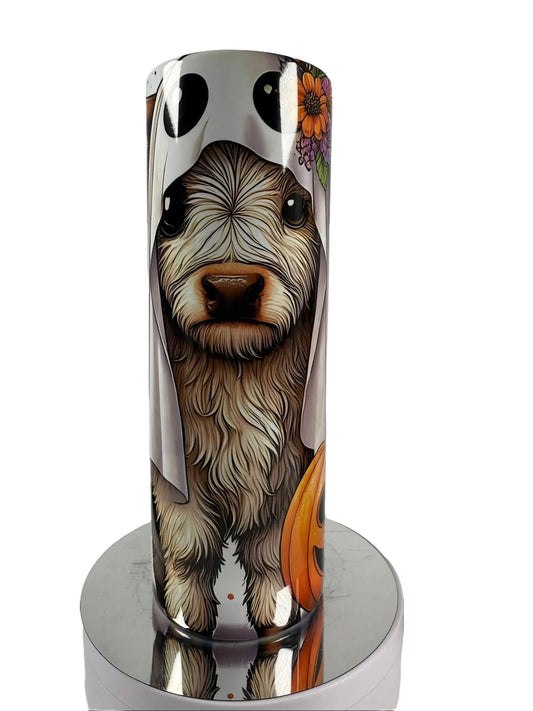 Highland Cow Halloween Tumbler – 20oz Stainless Steel Insulated Cup with Straw & Cleaner.
