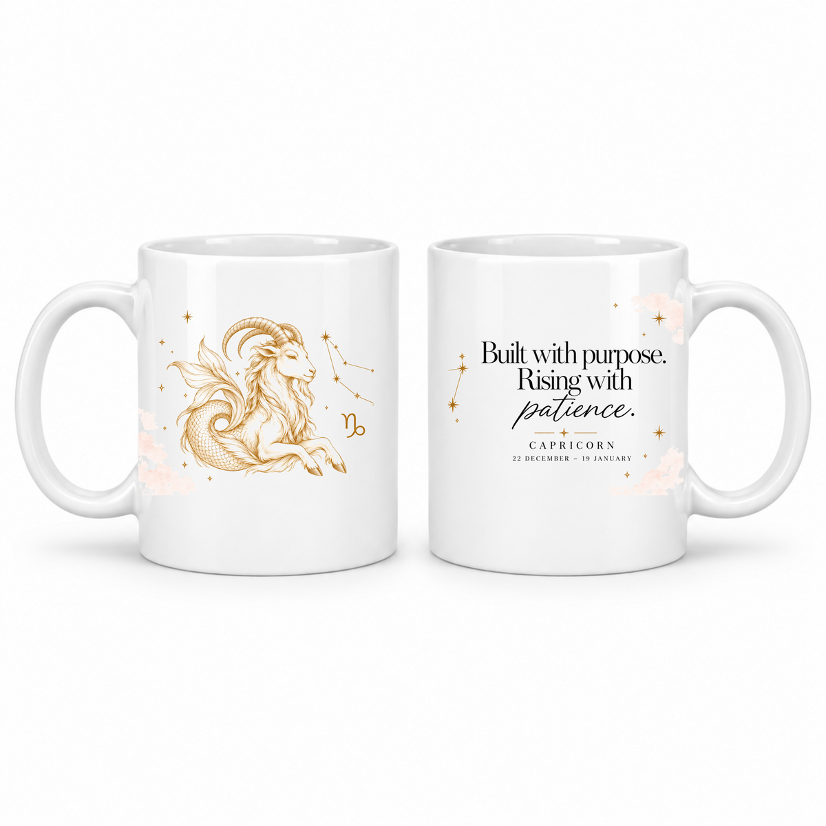 Capricorn zodiac star sign mug – gold celestial design by LK22 Designs