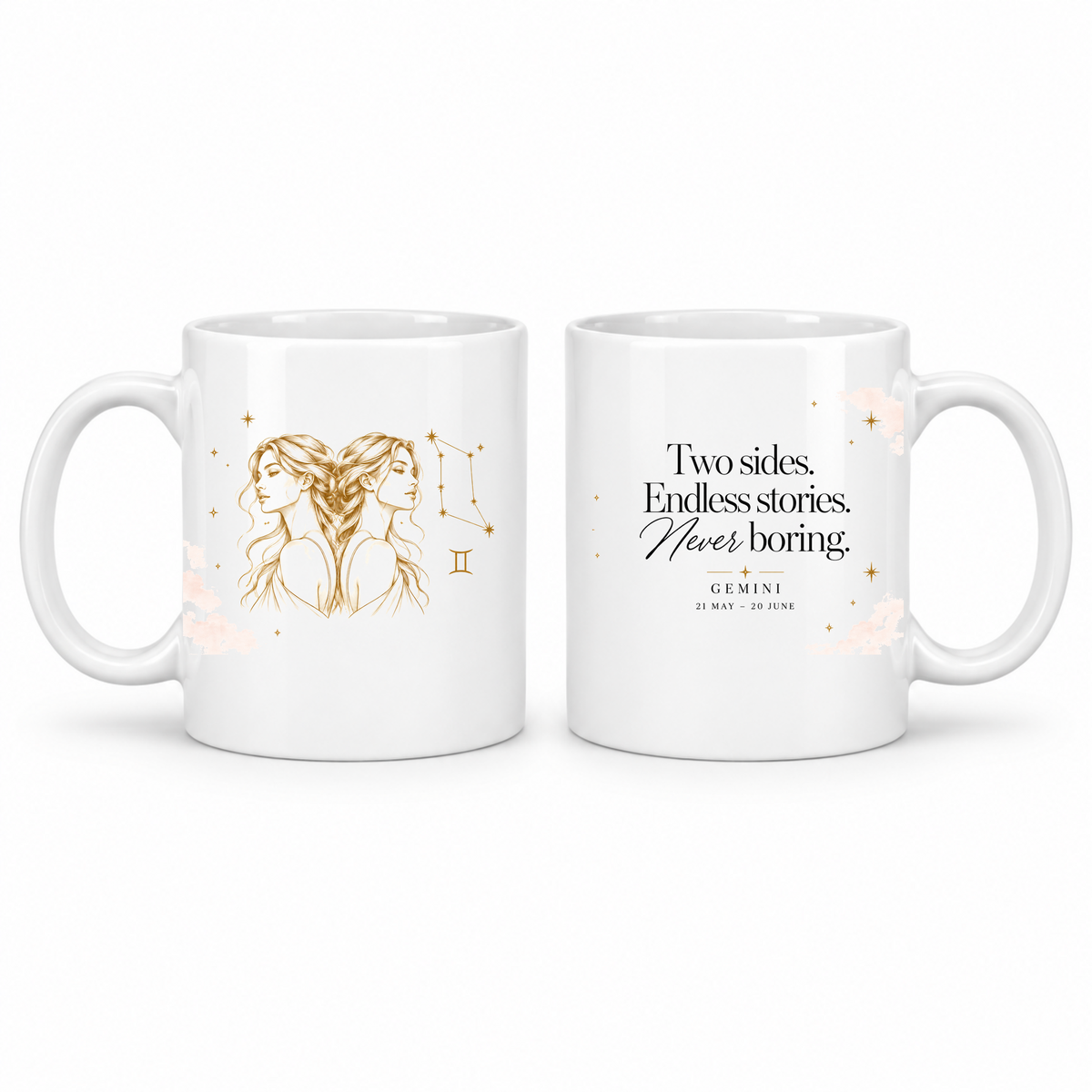 Gemini zodiac star sign mug – gold celestial design by LK22 Designs
