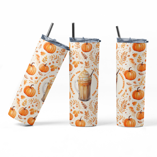 Pumpkin Spice and all things nice Tumbler Water Bottle 20 oz 600ml Fall Design with Metal Straw & Straw Cleaner Autumn Leaves Pattern