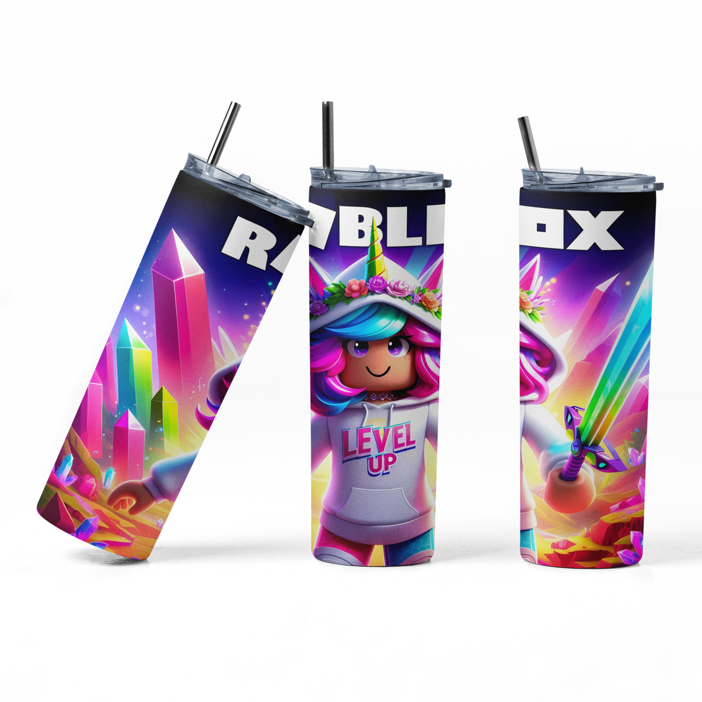 LK22Designs Girls gaming Roblox Inspired 600 ml stainless steel water bottle with straw and straw cleaner girls gaming, gift idea