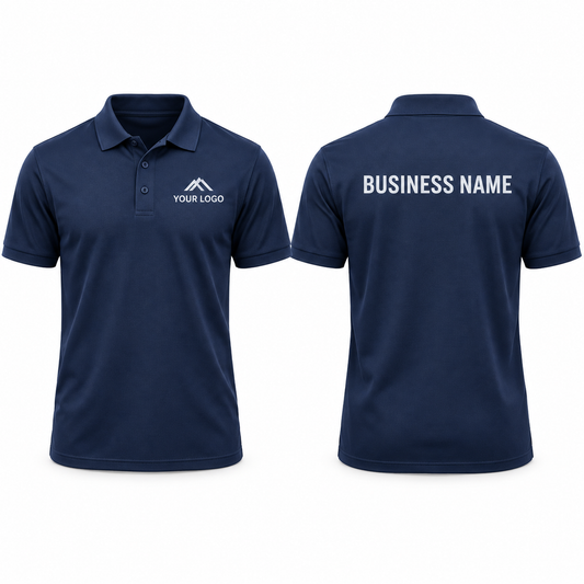 Personalised premium navy workwear polo shirt with front logo and back business name print