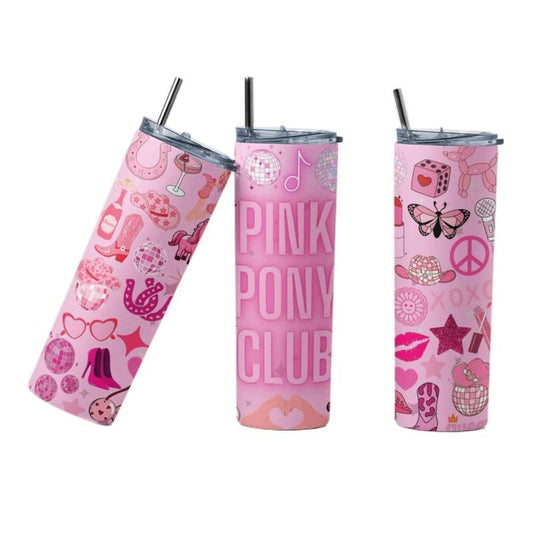 Pink Pony Club inspired 600ml stainless steel tumbler with metal straw & straw cleaner