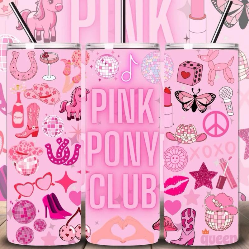 Pink Pony Club inspired 600ml stainless steel tumbler with metal straw & straw cleaner