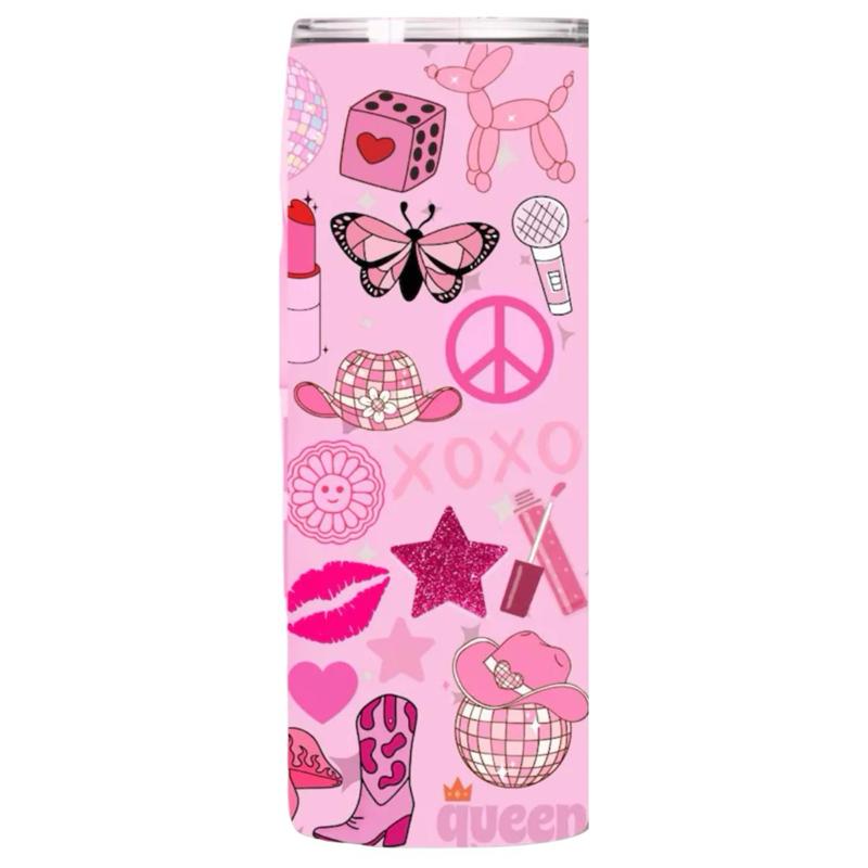 Pink Pony Club inspired 600ml stainless steel tumbler with metal straw & straw cleaner