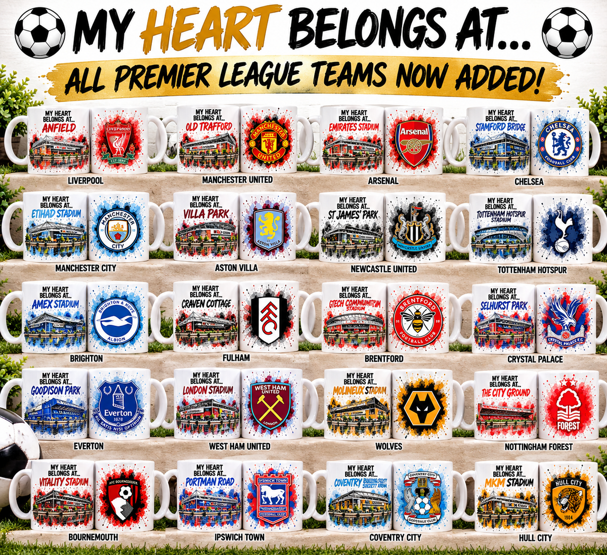 A promotional collage showing many ceramic mugs with Premier League team crest graphics, plus large text reading 'MY HEART BELONGS AT.