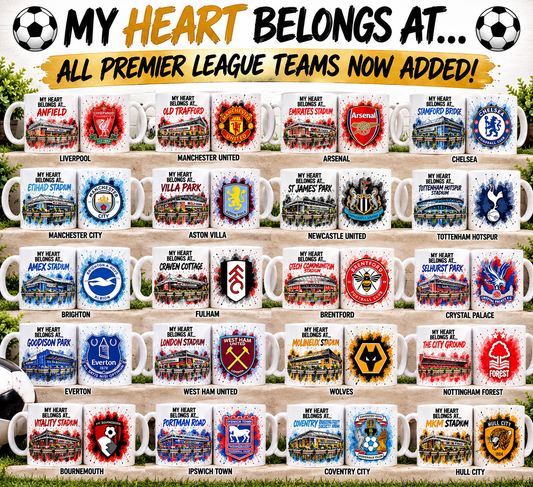 A promotional collage showing many ceramic mugs with Premier League team crest graphics, plus large text reading 'MY HEART BELONGS AT.